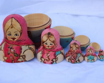 Vintage 1996 Signed Russian Nesting Dolls – Pink Floral Matryoshka Set