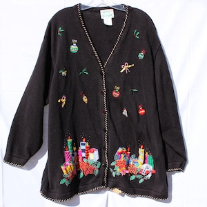 Quacker Factory Sweater Womens Large Wool Black Beaded Appliqué Angels