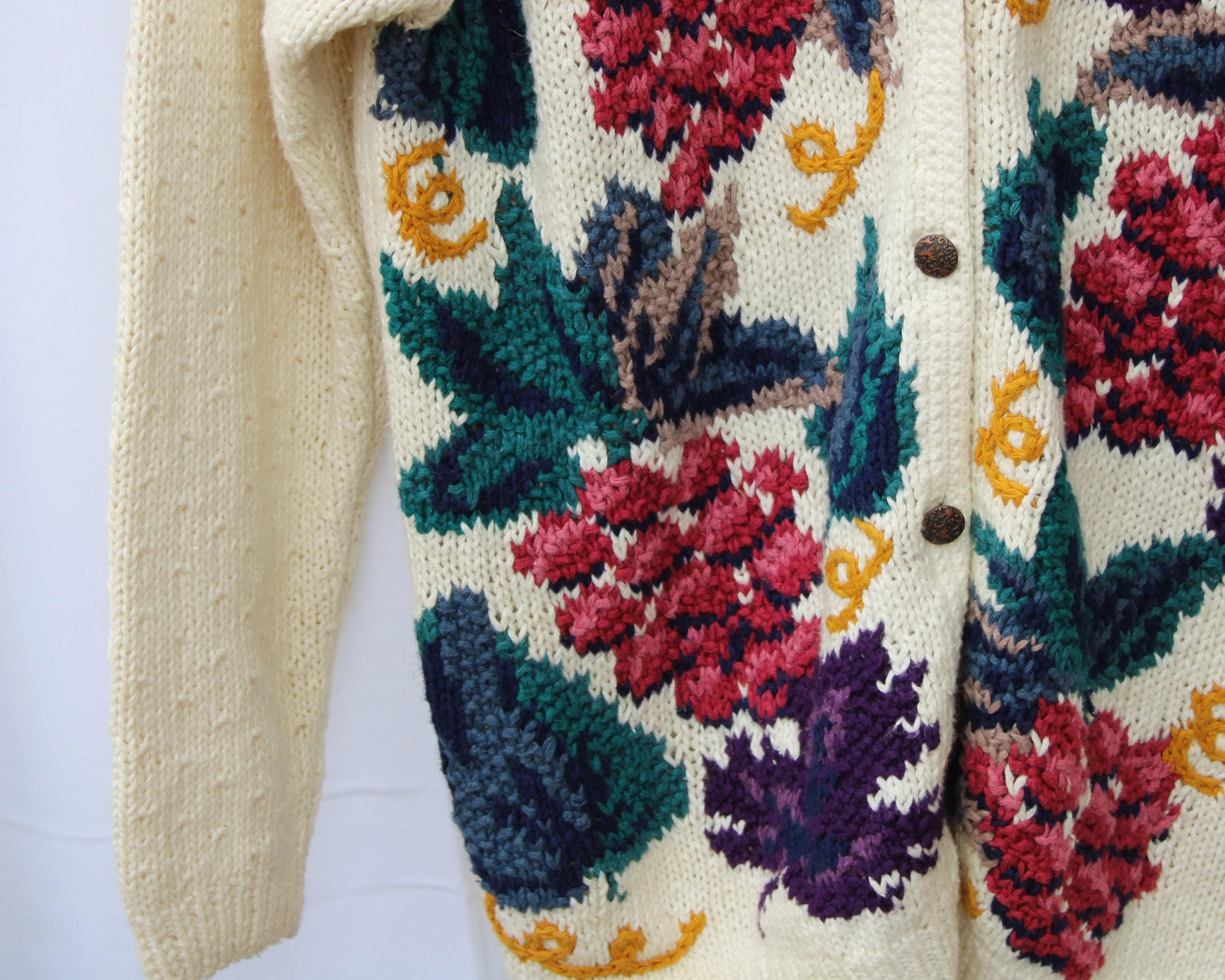 Vintage Hand Knit Grape Cardigan: 80s Floral Ramie Cotton Sweater