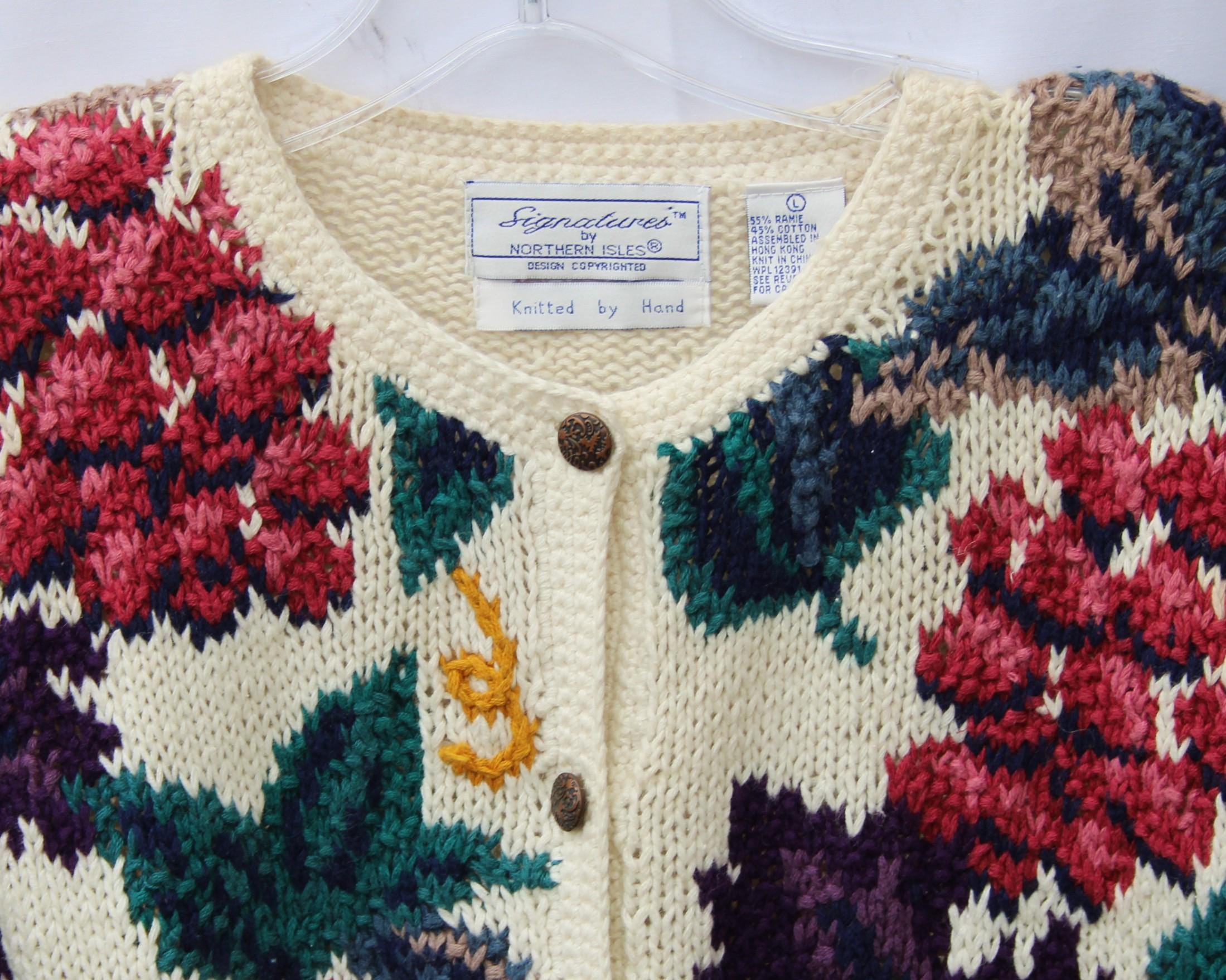 Vintage Hand Knit Grape Cardigan: 80s Floral Ramie Cotton Sweater
