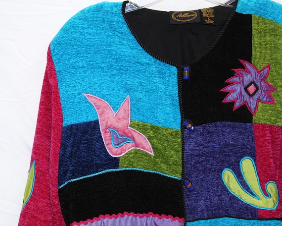 90s Patchwork Art Jacket - Colorblock Rayon Boho … - image 2