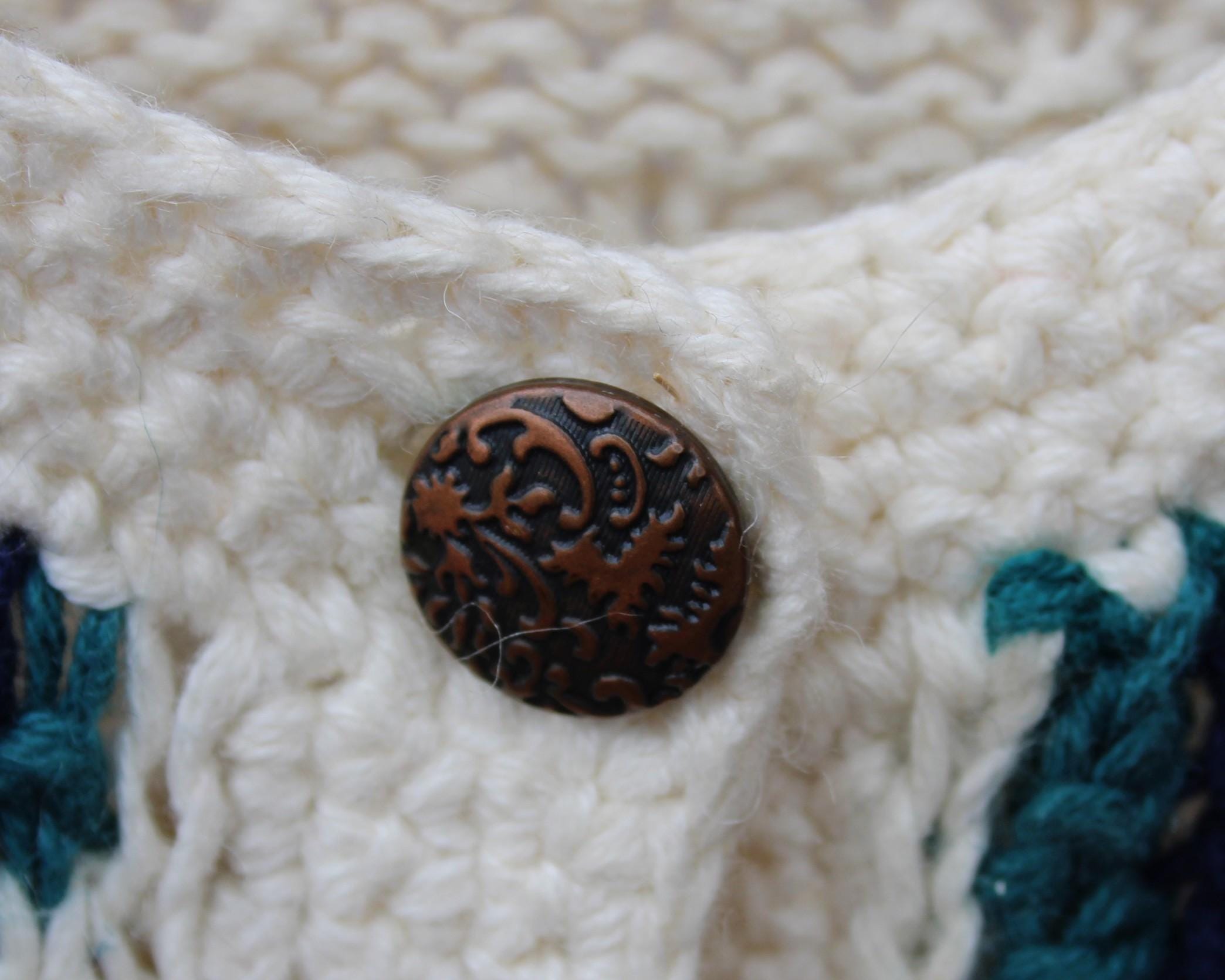 Vintage Hand Knit Grape Cardigan: 80s Floral Ramie Cotton Sweater