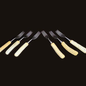 以下が含まれることがあります： 6本の銀色の金属製フォークが3本ずつ2組に並べられており、それぞれに骨のような質感の明るい色のハンドルが付いています。フォークは無地の黒い背景に配置されており、金属製の歯とハンドルがはっきりと見えています。
