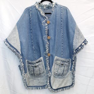 Vintage Y2K Patchwork Denim Jacket - Marco Serafino - Fringe Boho Poncho Jacket - Star Applique - Oversized Denim Top