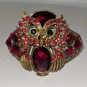May include: A gold-toned owl brooch with ruby-red and clear crystal accents. The owl's eyes are black, and the brooch features a large, faceted ruby-red crystal at the center. The brooch is a decorative accessory.