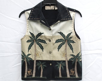 Vintage Y2K Tropical Palm Tree Monkey Embroidered Vest Petite Novelty Safari Button Front Boho Resort Statement Top 90s 2000s