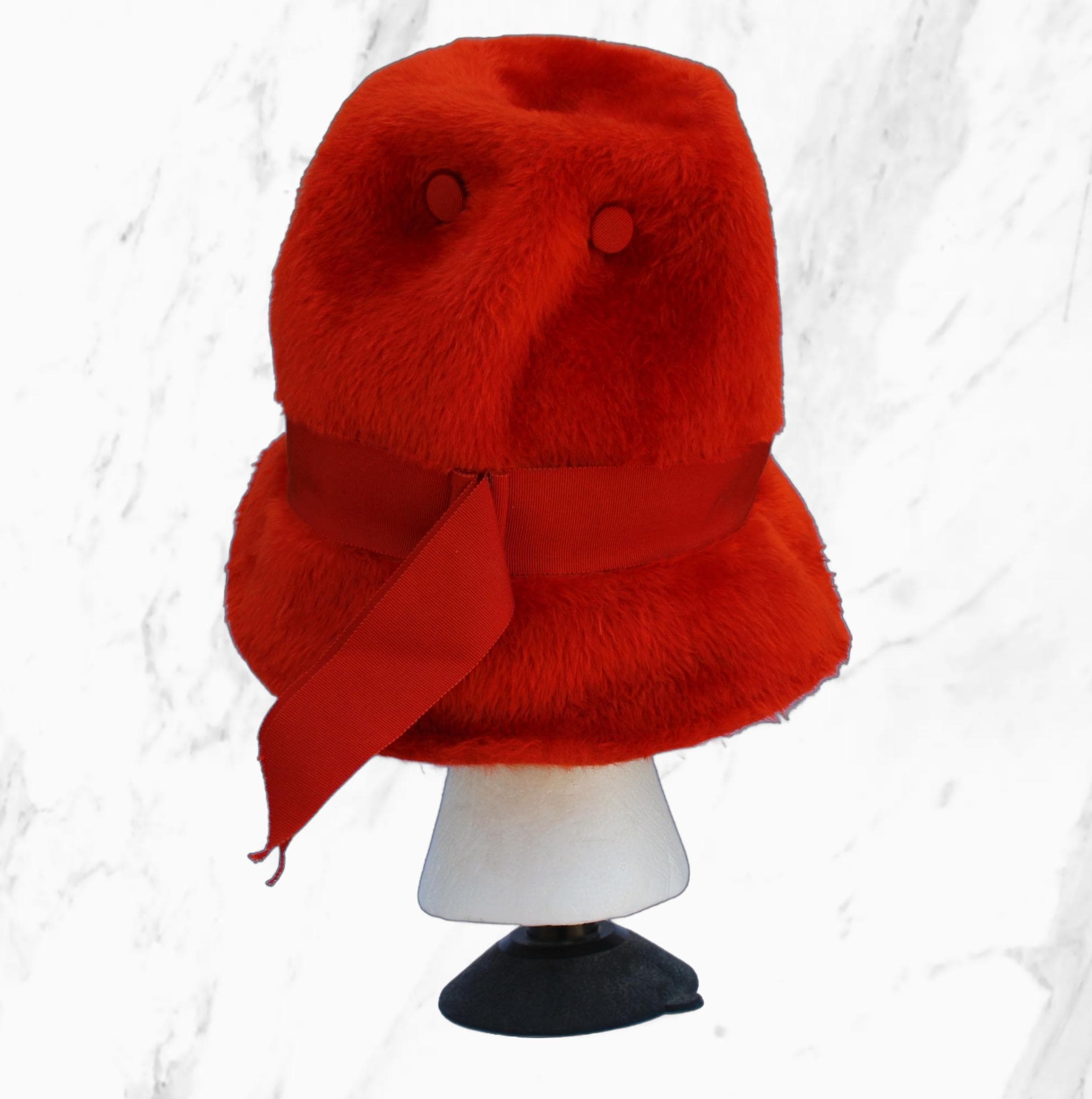 EUC Vintage Orange Faux Fur Hat 1960s Mod Winter Statement Hat Orange Fur Hat for Women, Fur Trapper Hat, Fluffy Hat Ear  main image 4