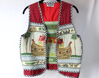 Gilet vintage Hamilton « Arche de Noé » en tapisserie, fabriqué aux États-Unis, motif animaux fantaisistes, taille M/L, style cottagecore années 90