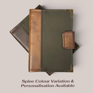 May include: Two leather journals, one open and one closed, in olive green and brown. The open journal has a brown spine and gold-coloured corner protectors. The text at the bottom reads "Spine Colour Variation & Personalisation Available."