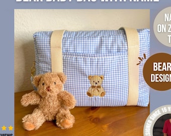 Bolso cambiador personalizado con bordado de oso, bolso cambiador personalizado con bordado de oso, bolso cambiador para bebé personalizado, lindo bolso cambiador azul con oso