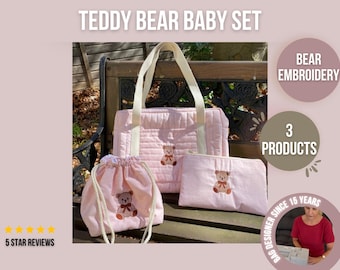Personalised Baby Bag Set, Custom Baby Bag Set with Name Tag, Pink Baby Bag Set with Bear Embroidery, Baby Bag Set 3 Pieces