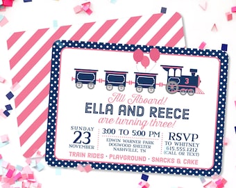 Train Birthday Invitation: Twins, Siblings, Joint Party