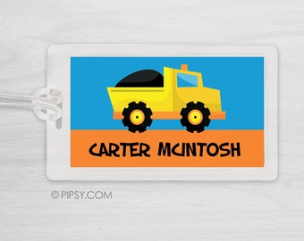 Bag Tag Boys Luggage Tag, Kids Backpack tag, Sports Bag, Back to School, Construction Equipment Dump Truck, Colors can be customized