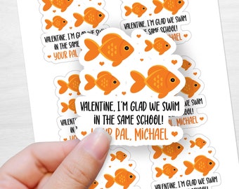 Goldfish Valentine Stickers, Die Cut and Personalized, "I'm glad we're in the same school", Favor Stickers, Class Valentine, Favors