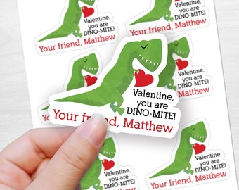 Valentine Stickers, Die Cut and Personalized, Tyrannasurus Rex TREX dinosaur, Favor Stickers, Class Valentine, Favors, Treat Bags