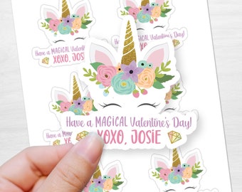 Valentine Stickers, Die Cut and Personalized, Unicorn with diamonds, Favor Stickers, Class Valentine, Favors, Treat Bags