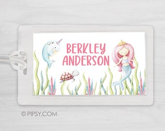 Mermaid Bag Tag, Mermaid with Pink Hair and Narwhal Luggage Tag, Personalized
