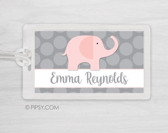 Kids Bag Tag Luggage Tag - Pink and Grey Elephant, boy blue version available