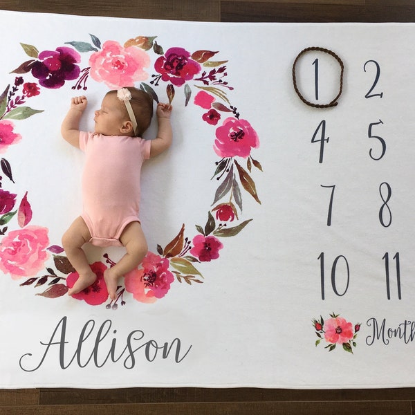 Baby Month Milestone Blanket- Pink Watercolor Wreath - Girl - Personalized Baby Blanket - Track Growth and Age - New Mom Baby Shower Gift