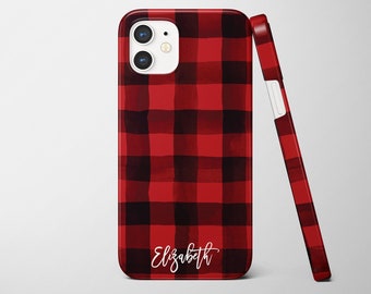 iPhone Personalized Case with watercolor buffalo plaid design,  iPhone 15, 14, 13, 12, 11, XR, XS, Max Pro cases