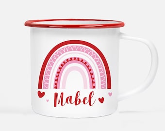 Personalized Kids Camp Mug  - Red and Pink Rainbow with hearts - Valentine's Day Gift,  10oz Metal Camp Mug