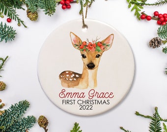 Baby's First Christmas Ornament, Personalized Ornament, Deer & Berry Crown(Girl) Ornament, Baby's 1st Christmas 2022 Ornament Gift