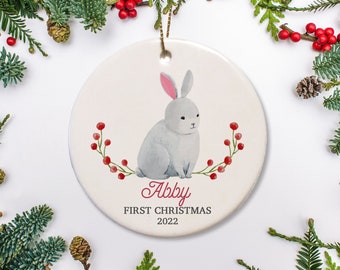 Baby's First Christmas Ornament, Personalized Ornament, Bunny Ornament, Watercolor Ornament, Baby Girl 1st Christmas 2022 Ornament Gift