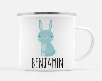 Personalized Bunny Camp Mug, Rabbit Personalized with child's name, Kids Mug, Watercolor, Woodland Animals, Metal Won't Break