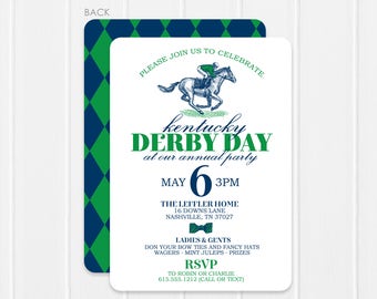 Kentucky Derby Invitation - Derby Day Party Invitation - Run for the Roses - Vintage Horse Illustration Invitation with diamond back