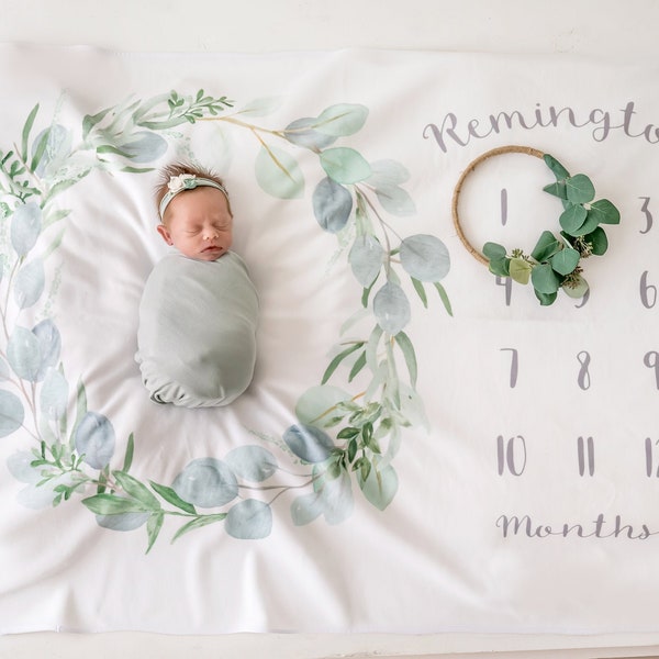 Baby Milestone Blanket- Eucalyptus Leaf Design, Personalized, Watch Me Grow, New Mom Baby Shower Gift, (Listing for BLANKET ONLY)