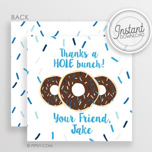 Donut favor tags, DIY, Instant download, chocolate with blue sprinkles Printable DIY with fully editable text, edit on Templett.com image 1