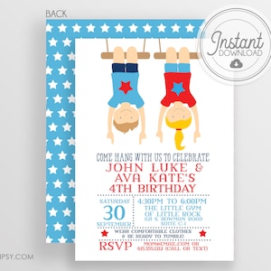 DIY Gymnastics Invitation,  Boy and Girl, Twins, Siblings, Printable Invitation, Templett