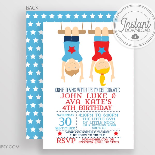 DIY Gymnastics Invitation,  Boy and Girl, Twins, Siblings, Printable Invitation, Templett