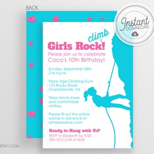 Girl Rock Climbing Invitation, Tween or Teen Girl Birthday Party Invitation, DIY Instant Download, Personalize at home, Templett Invitation