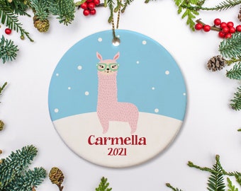 Pink Llama with glasses Personalized Christmas Ornament, Gift for child, 2021 ornament