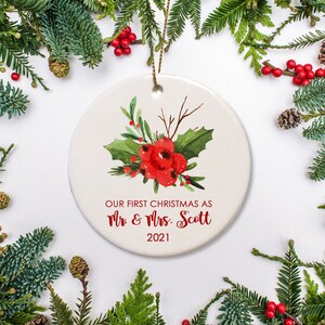Wedding Berries and Holly Ornament, Personalized Wedding Gift, Newlywed Christmas Ornament Just Married, Ornament for Couple, Keepsake gift