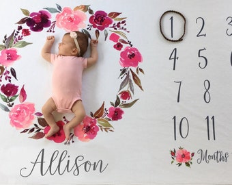 Baby Month Milestone Blanket- Pink Watercolor Wreath - Girl - Personalized Baby Blanket - Track Growth and Age - New Mom Baby Shower Gift