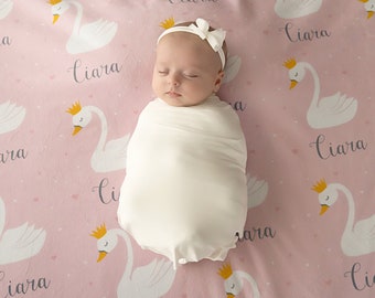 Baby Name Blanket- Swan with crown, Girl, Fleece, sherpa or Knit Jersey Swaddle, Personalized Baby Blanket, New Mom Baby Shower Gift