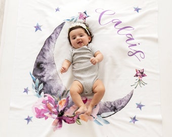 Baby Month Milestone Blanket- Moon and Stars - Celestial - Girl - Personalized Baby Blanket -  New Mom Baby Shower Gift