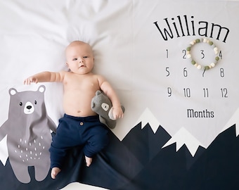 Baby Month Milestone Blanket- Mountain | Bear | Boy - Personalized Baby Blanket - Track Growth and Age - New Mom Baby Shower Gift