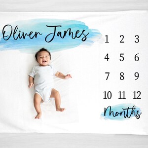 Personalized Milestone Blanket Month Growth Tracker,  Minky or smooth Fleece Blanket, Custom Boy Baby Shower Gift Blue Watercolor Newborn