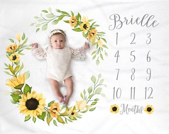 Sunflower Baby Girl Milestone Blanket, Personalized, Boho Botanical Vintage Style with Watercolor Foliage