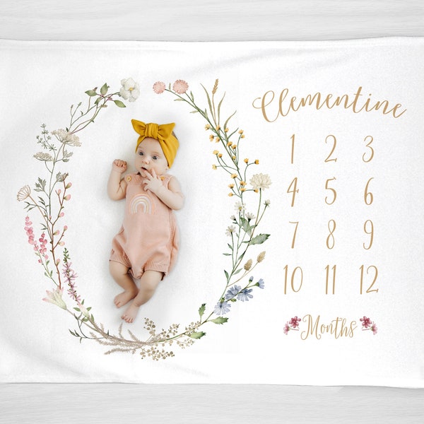 Wildflower Baby Girl Milestone Blanket, Personalized, Boho Botanical Vintage Style with Watercolor Foliage