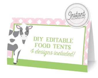 Op de afbeelding: Afdrukbare, zelfgemaakte, bewerkbare voedseltent sjablonen met een schattig cartoon-koeienontwerp. Vier ontwerpen zijn inbegrepen. De tekst luidt "DIY Editable Food Tents 4 designs included!"