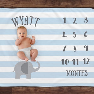 Baby Milestone Blanket- Blue Elephant Baby Month Blanket - Boy - Baby Blanket - Track Growth and Age -Baby Shower Gift