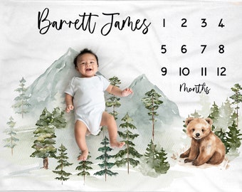 Mountain and Bear Milestone Blanket,  Custom Personalized Baby Blanket,  Forest Monthly Growth Tracker, Baby Shower Gift, Outdoor, Boy