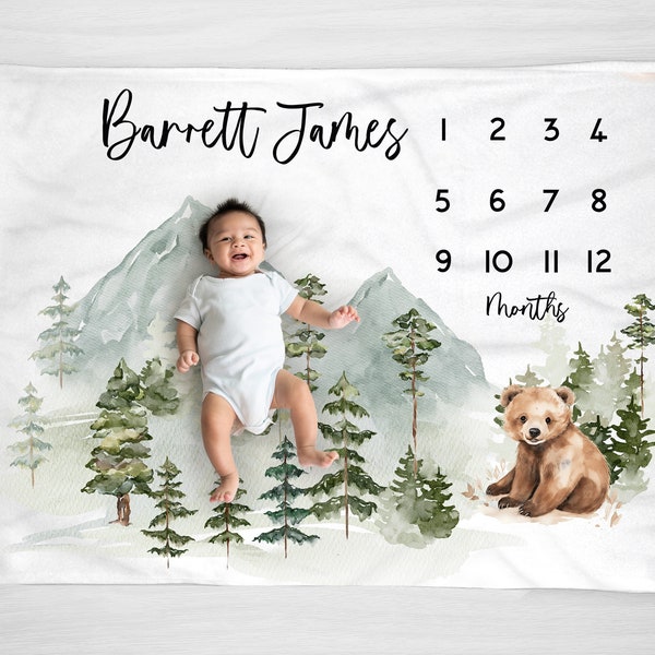 Personalized Mountain Bear Milestone Blanket: Forest Growth Tracker