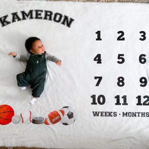 Baby Milestone Blanket- Baby Month Blanket - Classic Sports Theme- Boy- Baby Blanket - Baby Shower Gift - football, basketball, soccer