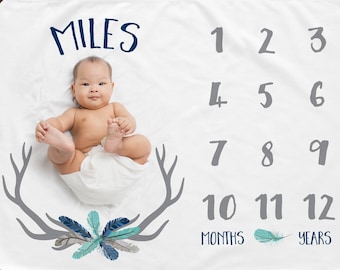 Baby Milestone Blanket- Baby Month Blanket - Deer Antler Feather - Boy - Baby Blanket - Track Growth and Age - Baby Shower Gift