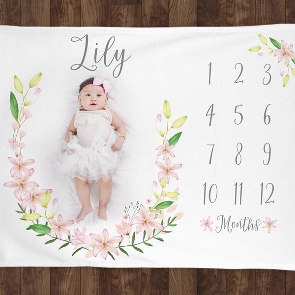 Baby Month Milestone Blanket- Lily Lillies - Girl - Personalized Baby Blanket - Track Growth and Age - New Mom Baby Shower Gift